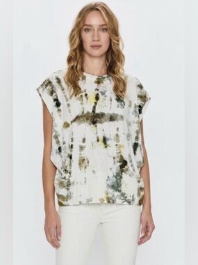 Pistola White Tie-Dye Cap Sleeve Tee with Olive and Yellow Accents